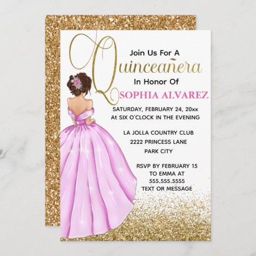Quinceanera Pink Gown Brunette Princess Birthday Invitation