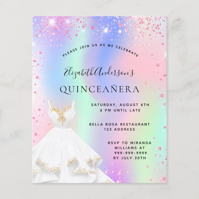 Quinceanera pink holographic dress invitation flyer (Front)