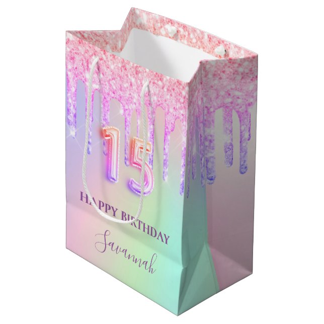 Quinceanera pink holographic drips name medium gift bag (Front Angled)