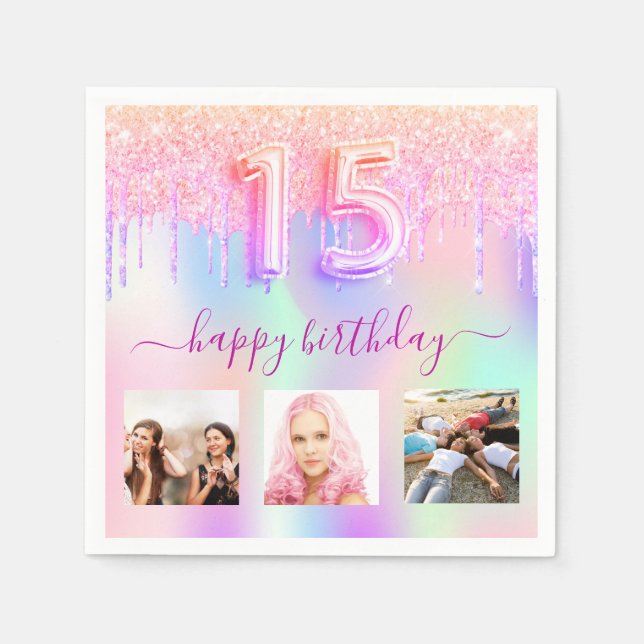 Quinceanera pink holographic drips napkins (Front)