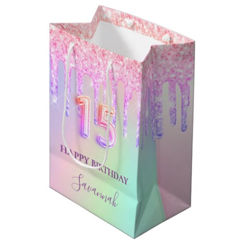 Quinceanera pink holographic glitter drips name medium gift bag