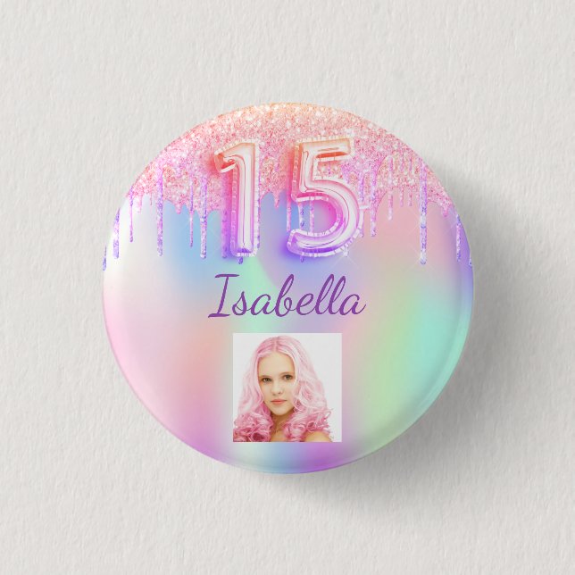 Quinceanera pink holographic name photo button (Front)