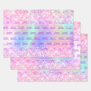Quinceanera pink holographic name wrapping paper sheets
