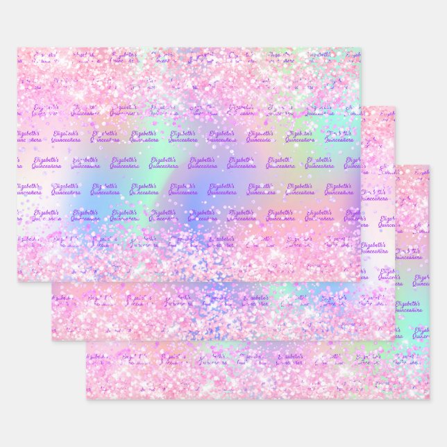 Quinceanera pink holographic name wrapping paper sheets (Set)