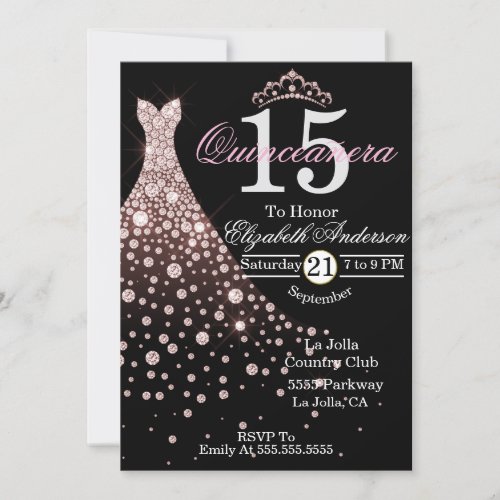 Quinceanera Pink Jewel Gown Tiara 15th Birthday Invitation
