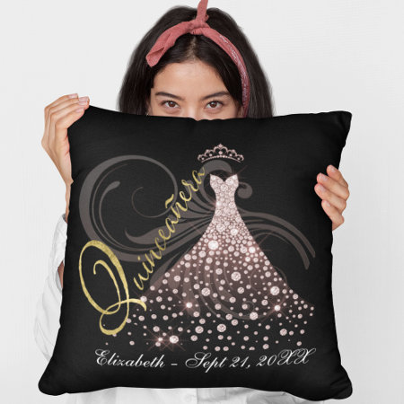 Quinceanera Pink Jewel Gown Tiara Personalized Throw Pillow