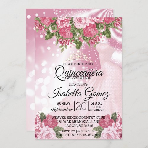 Quinceaera  Pink Mauve Gown and Flowers Invitation