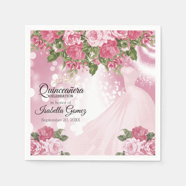 Quinceañera  Pink Mauve Gown and Flowers Napkins (Front)