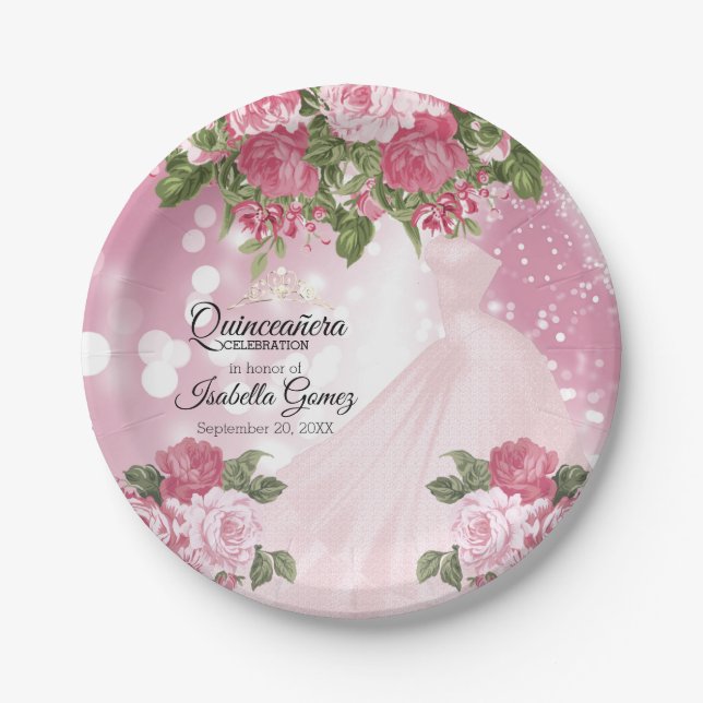 Quinceañera Pink Mauve Gown and Flowers Paper Plates (Front)