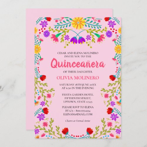 Quinceanera Pink Mexican Floral 15th Birthday Invitation