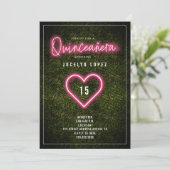 Quinceañera Pink Neon Lights Boxwood Heart Invitation (Standing Front)