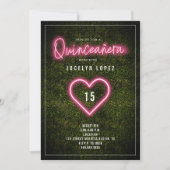 Quinceañera Pink Neon Lights Boxwood Heart Invitation (Front)