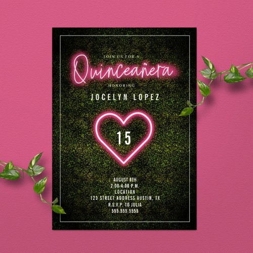 Quinceaera Pink Neon Lights Boxwood Heart Invitation