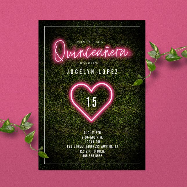 Quinceañera Pink Neon Lights Boxwood Heart Invitation