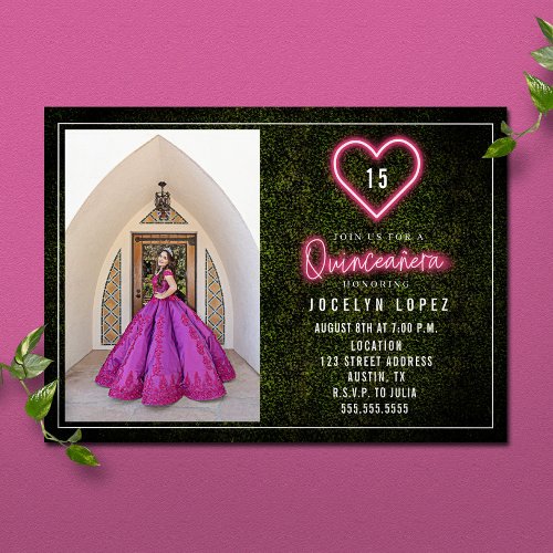 Quinceaera Pink Neon Lights Boxwood Heart Photo Invitation