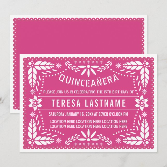 Quinceañera pink papel picado invitation (Front/Back)