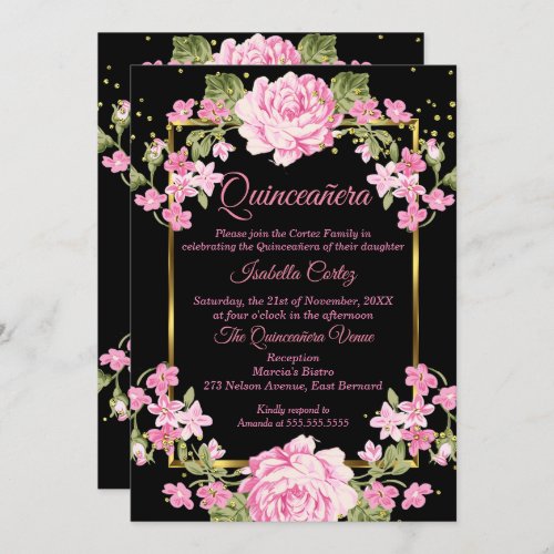 Quinceanera Pink Pretty Country Floral Gold Black Invitation