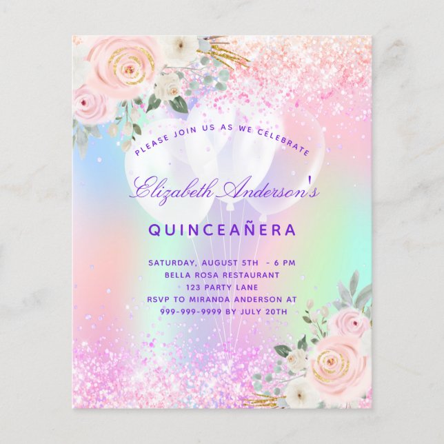 Quinceanera pink purple floral balloon invitation (Front)