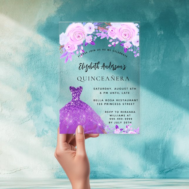 Quinceanera pink purple flowers dress clear acrylic invitations (Creator Uploaded)