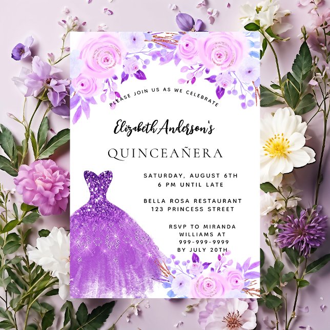 Quinceanera pink purple flowers dress invitation (Creator Uploaded)