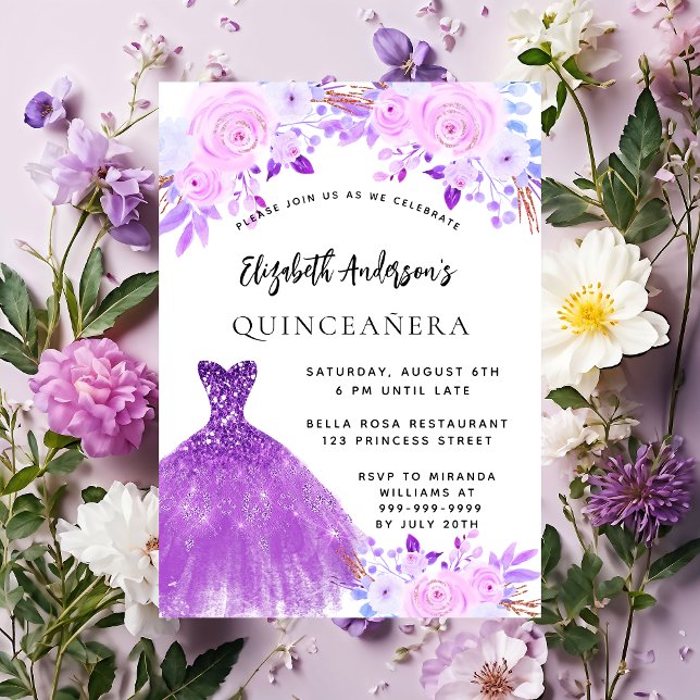 Quinceanera pink purple flowers dress luxury invitation (Creator Uploaded)