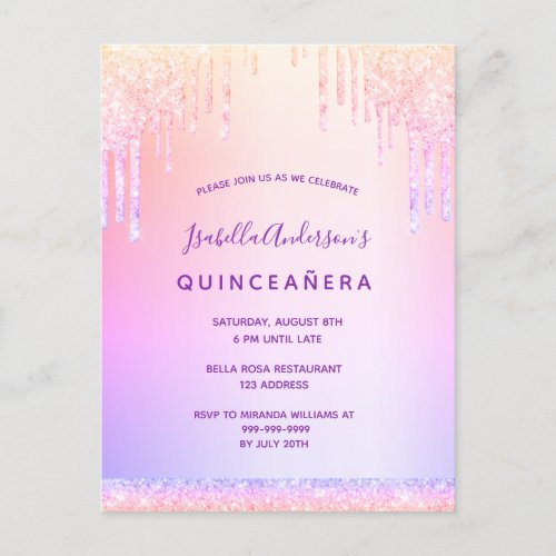 Quinceanera pink purple glitter drips invitation postcard