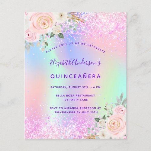 Quinceanera pink purple glitter floral budget flyer