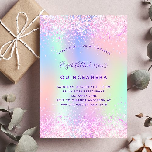 Quinceanera pink purple glitter holographic invitation