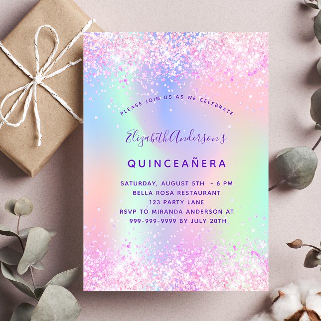 Quinceanera pink purple glitter holographic invitation (Creator Uploaded)