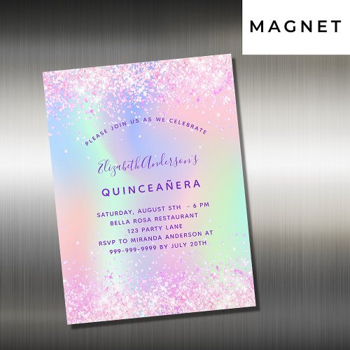 Quinceanera pink purple glitter holographic luxury magnetic invitation