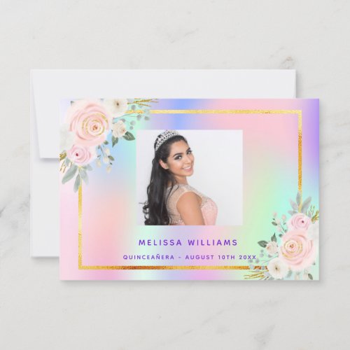 Quinceanera pink purple photo rainbow floral thank you card