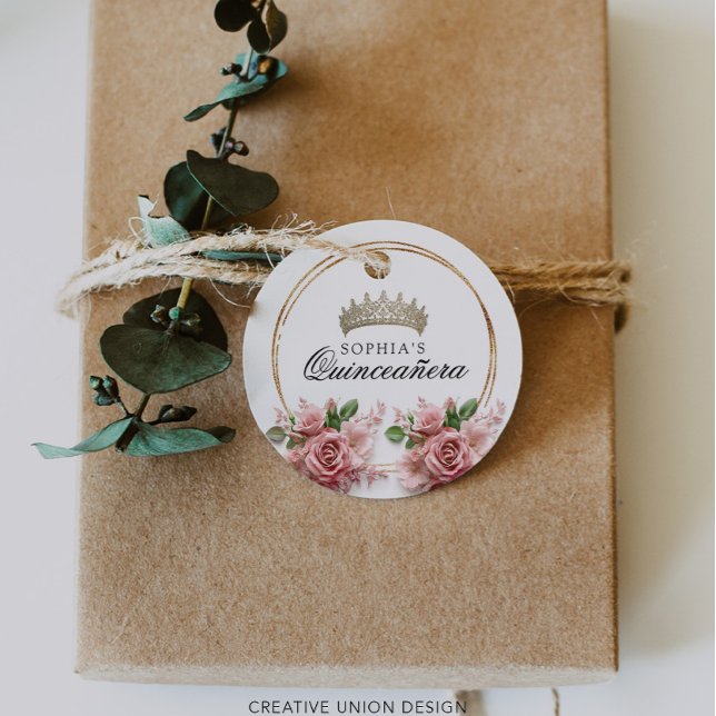 Quinceañera Pink Rose Crown Birthday Decor Favor Tags (Creator Uploaded)
