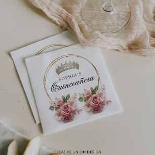 Quinceañera Pink Rose Crown Birthday Decor Napkins