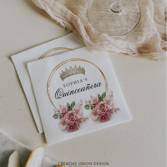 Quinceañera Pink Rose Crown Birthday Decor Napkins (Creator Uploaded)