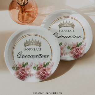 Quinceañera Pink Rose Crown Birthday Decor Paper Plates