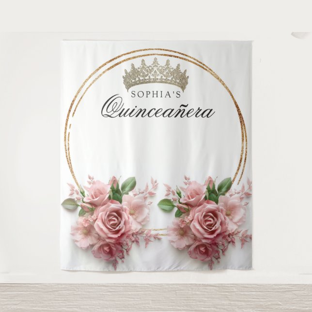 Quinceañera Pink Rose Crown Birthday Decor Tapestry (Front)