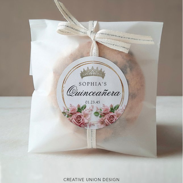 Quinceañera Pink Rose Crown Birthday Favors Classic Round Sticker (Creator Uploaded)
