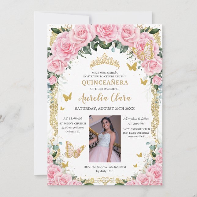 Quinceanera Pink Rose Floral Vintage Gold Photo Invitation (Front)
