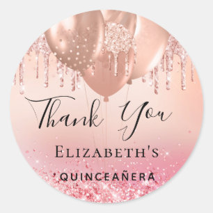 Quinceanera pink rose gold balloons name classic round sticker