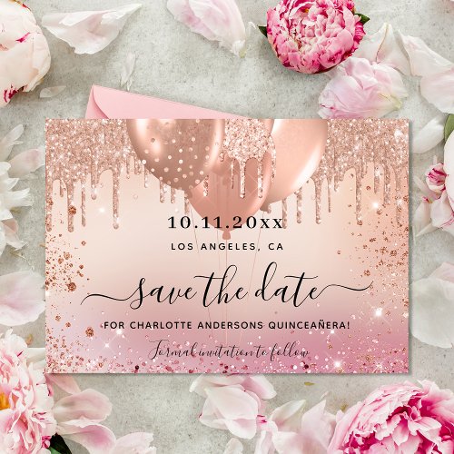 Quinceanera pink rose gold balloons save the date