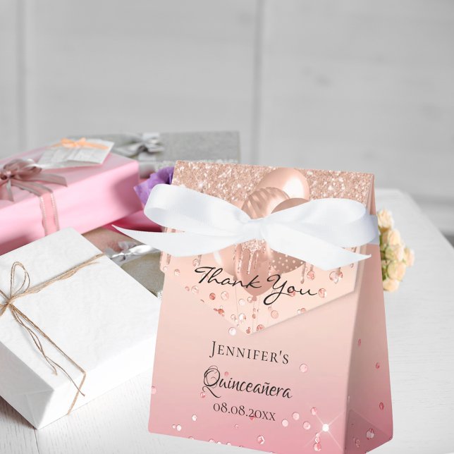Quinceanera pink rose gold balloons thank you favor boxes (Creator Uploaded)