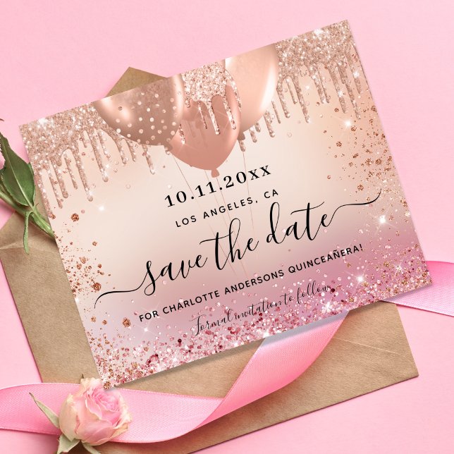 Quinceanera pink rose gold budget save the date flyer