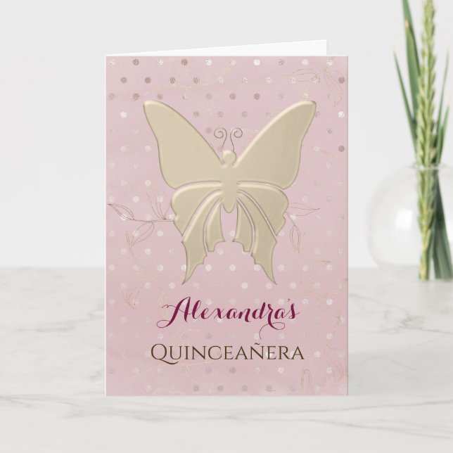 Quinceanera Pink Rose Gold Butterfly Photo Invitation (Front)