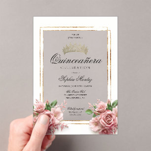 Quinceañera Pink Rose Gold Crown Acrylic Invitations