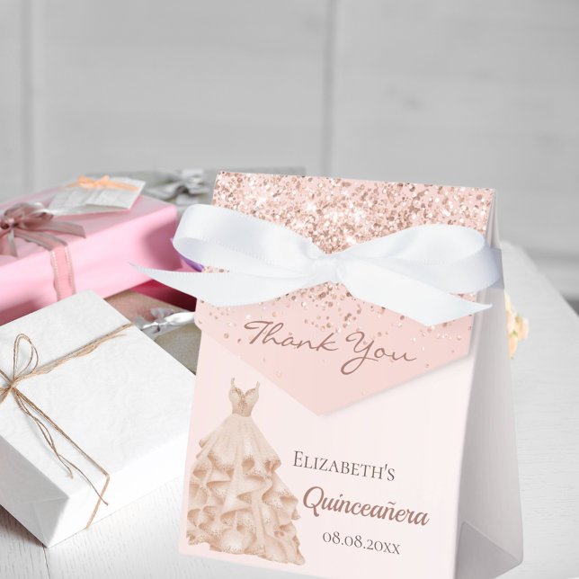 Quinceanera pink rose gold dress thank you favor boxes (Creator Uploaded)