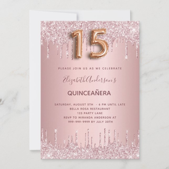 Quinceanera pink rose gold drips invitation (Front)