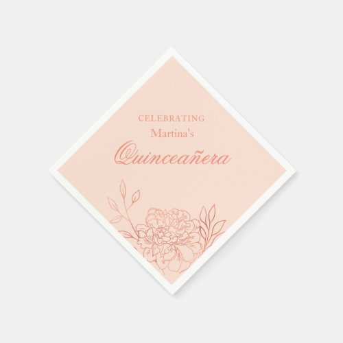 Quinceanera Pink Rose Gold Flowers 15th Birthday Napkins