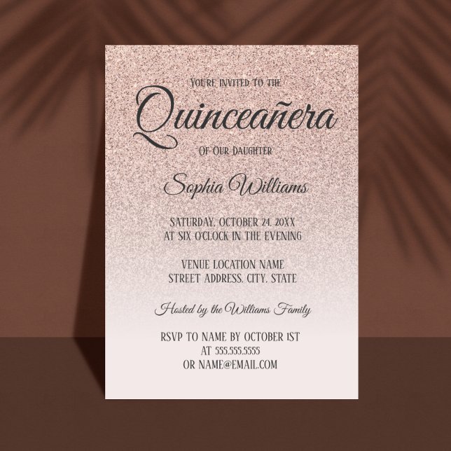 Quinceanera Pink Rose Gold Glitter 15th Birthday Invitation