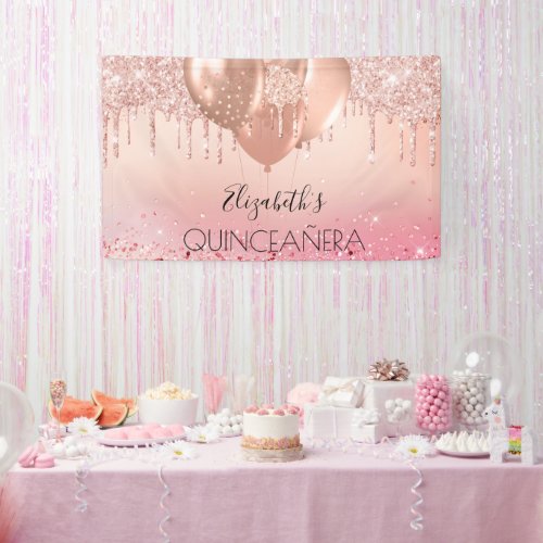 Quinceanera pink rose gold glitter balloons banner