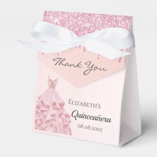 Quinceanera pink rose gold glitter dress thank you favor boxes